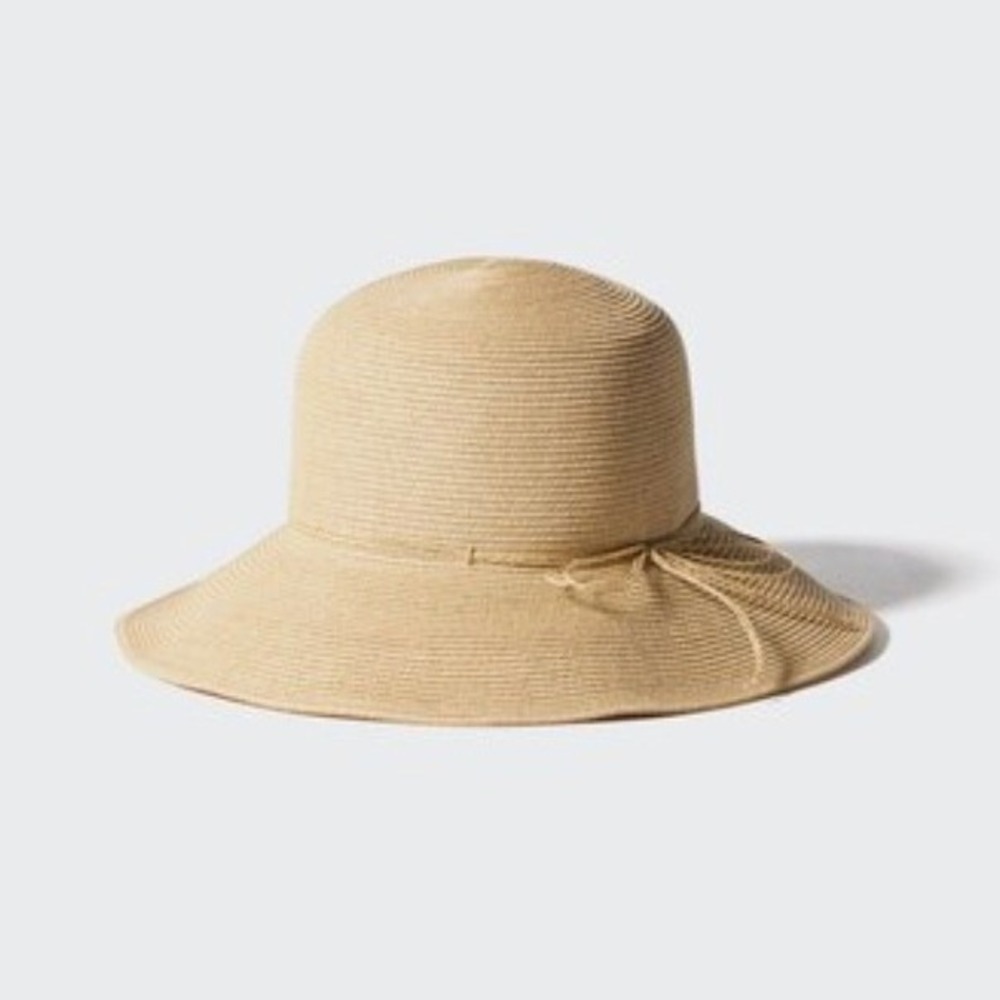 Uniqlo UV Protection Paper Sun Hat Beige‎ Braided Wide Brim Vacation Garden Boho
